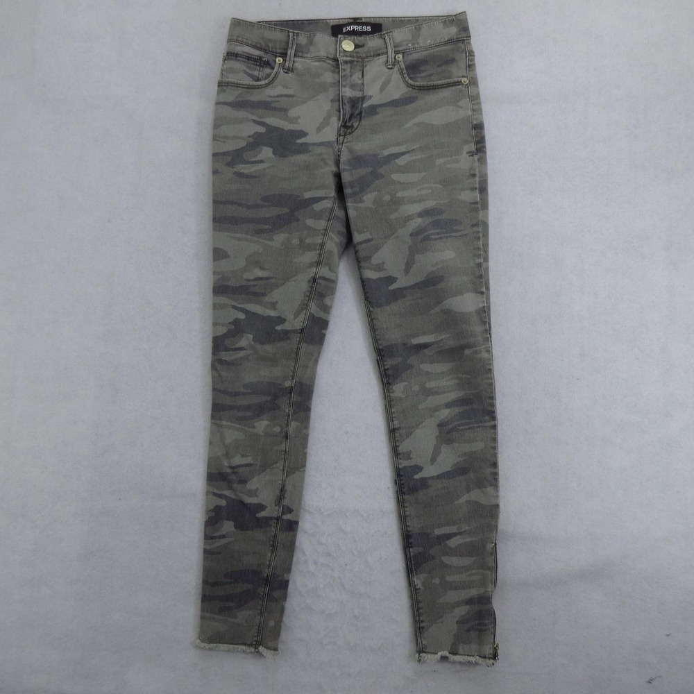 Express Ankle Legging Jeans Womens 2R Gray Camo Mid Rise Zip Hem Stretch Denim